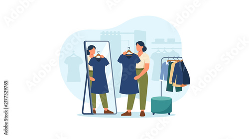 Woman Choosing Dress in Clothing Store Flat Vector Illustration