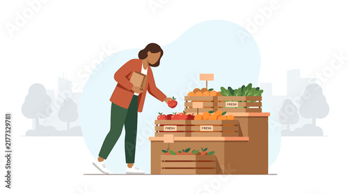 Woman Shopping for Fresh Fruits at Local Market Vector Illustration