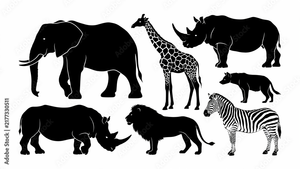Obraz premium Black and white line art illustration of a group of african animals including elephants giraffes zebras rhinos in a savanna setting with savanna wildl