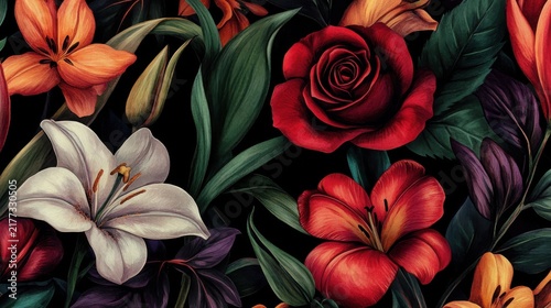 Dark Floral Pattern with Colorful Roses and Lilies