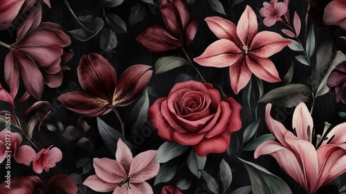Dark Moody Floral Background with Crimson Roses and Pink Lilies