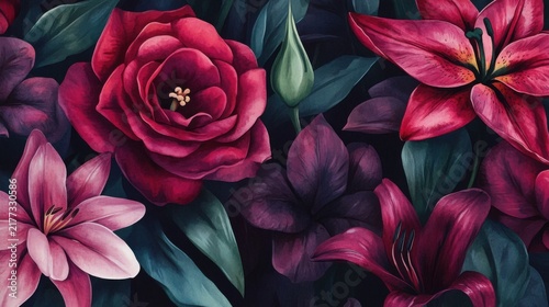 Dark Moody Floral Background with Red Roses and Lilies