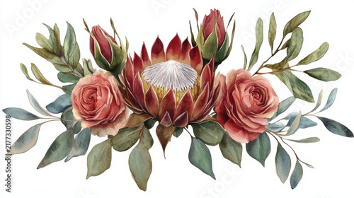 Watercolor Flower Arrangement with Protea and Roses