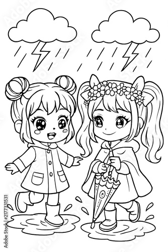 Vertical Kawaii manga style line art of two happy chibi girls in raincoats splashing in puddles during a thunderstorm, a printable rainy day activity page for children.