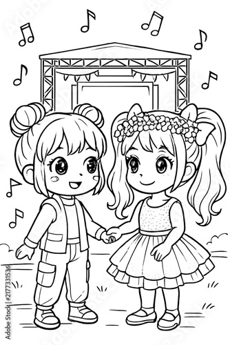 Vertical Kawaii chibi coloring page of two best friends holding hands at an outdoor music festival, a joyful illustration about childhood friendship for children's activity books.