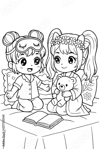 Vertical Kawaii chibi line art coloring page of two best friends in pajamas having a slumber party with a teddy bear and storybook. Printable activity for children's bedtime routine.