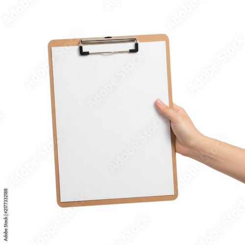 Hand holding an empty wooden clipboard for business notes isolated on white background