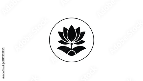 Minimalist black lotus flower logo enclosed in a clean circle, elegant vector design isolated on white background.