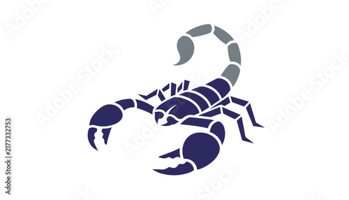 Stylized scorpion graphic in deep blue and grey colors, modern abstract desert animal vector logo isolated on white background.