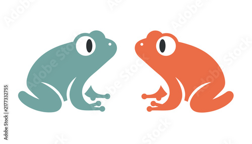 Two cute cartoon frogs in blue and orange colors facing each other, simple flat vector illustration isolated on white background.