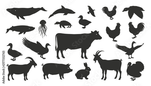 Diverse collection of black animal silhouettes including farm animals forest mammals birds and marine wildlife isolated on white.