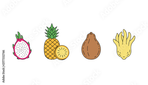 Colorful exotic tropical fruits including sliced dragon fruit pineapple papaya and buddhas hand, cartoon vector illustrations on white.
