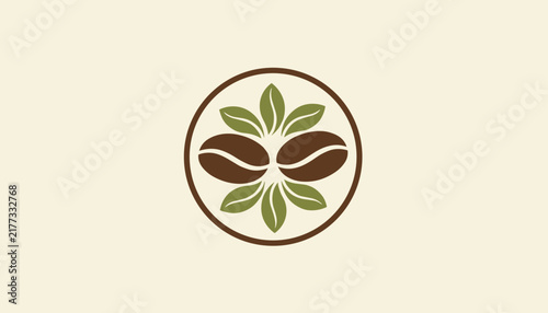 Circular organic emblem showcasing two brown coffee beans and green leaves, perfect logo design for a coffee shop on beige.