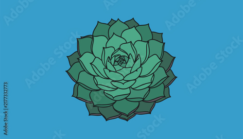 Vibrant green rosette succulent plant illustration centered on a solid sky blue background, simple cartoon vector design.