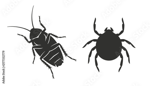Solid black silhouettes of a cockroach and a tick parasite, vector graphic representation of common household pests.