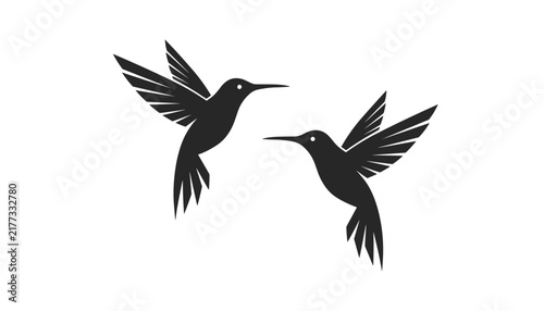 Pair of flying hummingbird silhouettes gracefully positioned on a plain white background in minimal vector illustration.