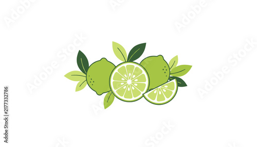 Fresh green limes showing whole fruits sliced wedges and halved citrus with green leaves on a clean white background, vector art.