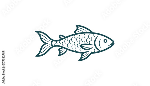 Simple clean dark green outline drawing of a swimming fish with detailed scales against a white background.