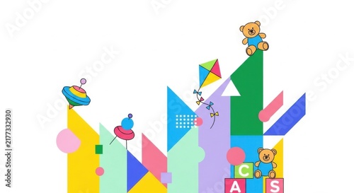 colorful cityscape with teddy bears and kites