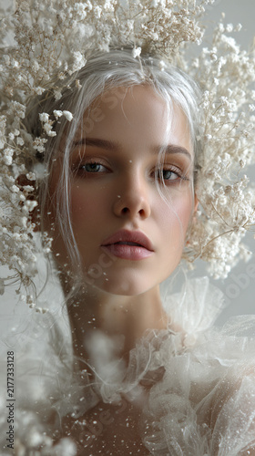 A woman with silvery hair, porcelain skin, and light eyebrows and eyelashes gazes directly ahead with clear, limpid eyes. Delicate wildflowers are woven into her hair. A dress of the finest silk and s