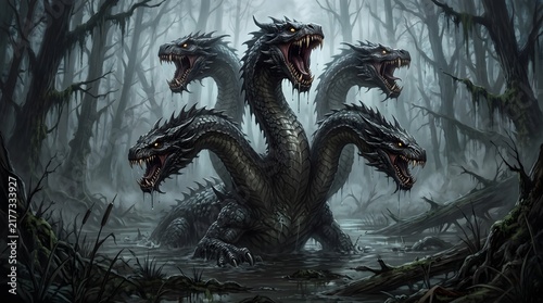 A terrifying multi headed hydra monster emerging from the dark misty waters of a haunted swamp forest