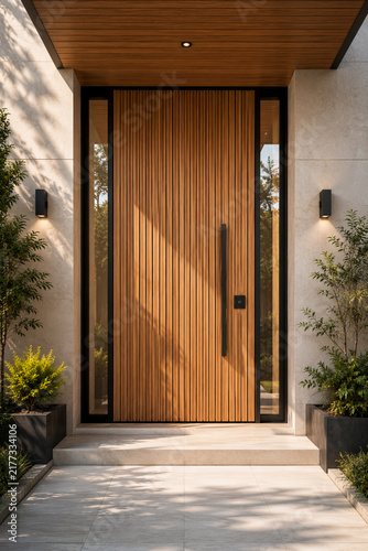 Contemporary Vertical Slat Oak Entrance Door with Modern Stone Facade