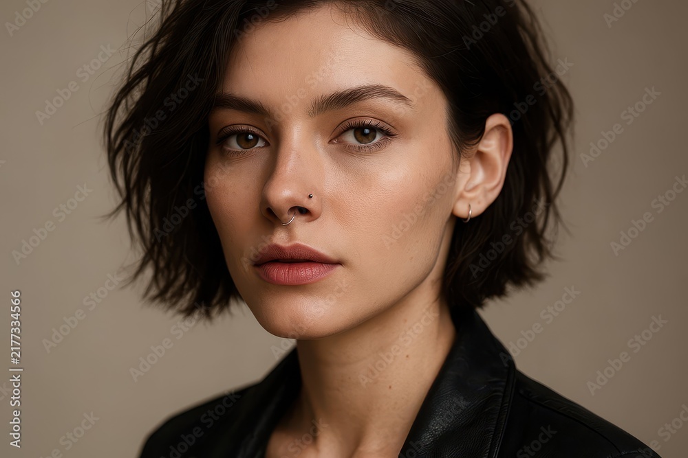 Fototapeta premium Close-up portrait of woman in leather jacket on neutral background