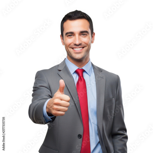 Smiling businessman showing thumbs up gesture isolated on white background