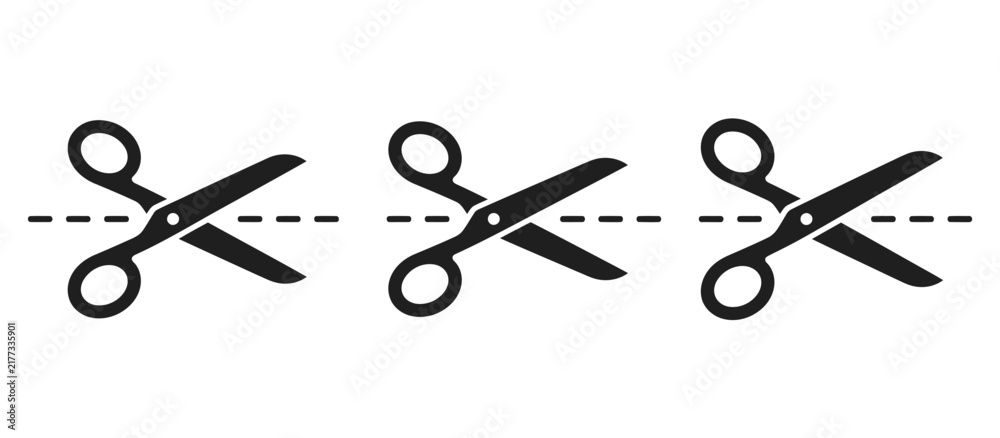 Fototapeta premium Black scissors icon with a dotted cut line isolated on transparent background