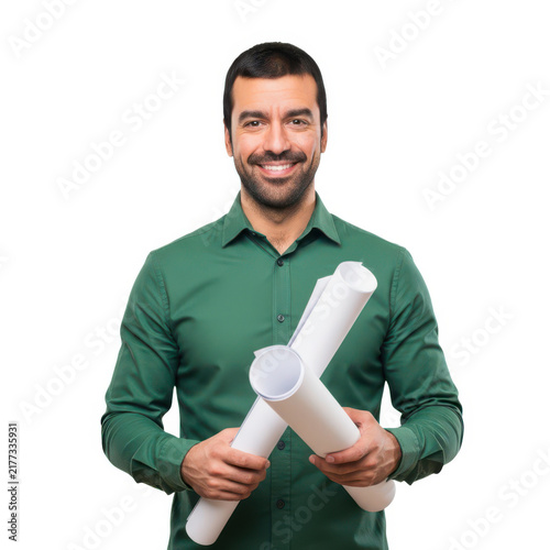 Man holding white game controller smiling isolated on white background
