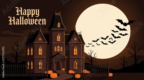 Happy Halloween graphic with a haunted house under a full moon, flying bats, and glowing pumpkins on a dark, spooky night