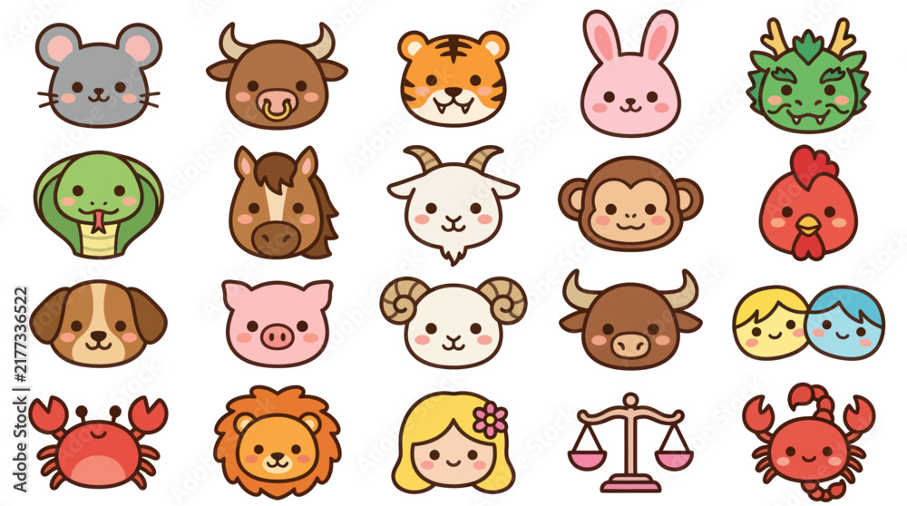 Fototapeta premium Cute zodiac animals and symbols set