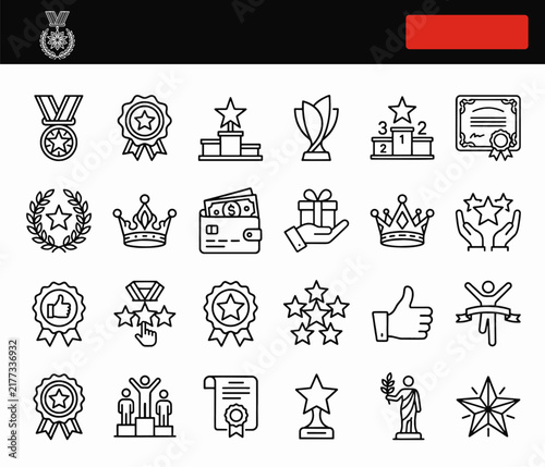 Awards and trophies vector outline icon set with medals, crown and podium for corporate performance and recognition