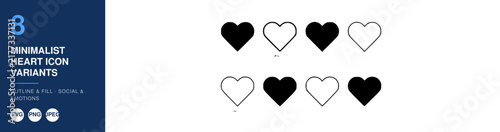 Heart Icon Variants Set, Minimalist Outline and Fill Design, Social Media Emotions Concept