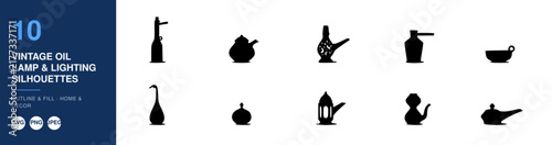 Lamp Oil Silhouettes Set, Vintage Lighting Icons, Decorative Home Decor Illustration, Outline Design, Svg Graphics.