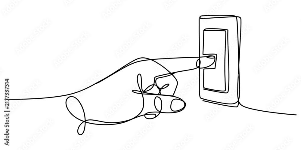 Obraz premium Continuous line art of hand turning light switch monochrome vector illustration for electrical installation home renovation interior design and energy concept.