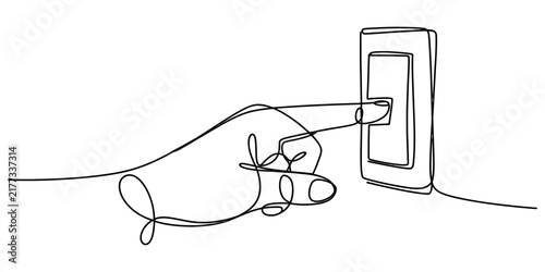 Continuous line art of hand turning light switch monochrome vector illustration for electrical installation home renovation interior design and energy concept.