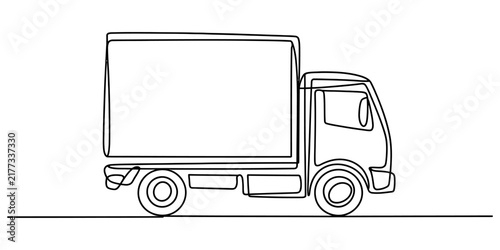 Continuous single line drawing of cargo delivery truck vehicle profile isolated on clean horizontal surface ground line background.