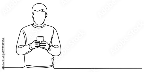 Continuous line drawing of man holding smartphone illustrates modern digital communication in black ink minimalist vector style for social media and tech blogs.