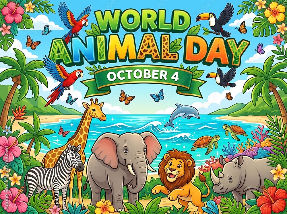 Obraz premium World animal day celebration banner with cute cartoon wild animals, tropical beach, ocean, palm trees, and colorful flowers in a vibrant jungle landscape