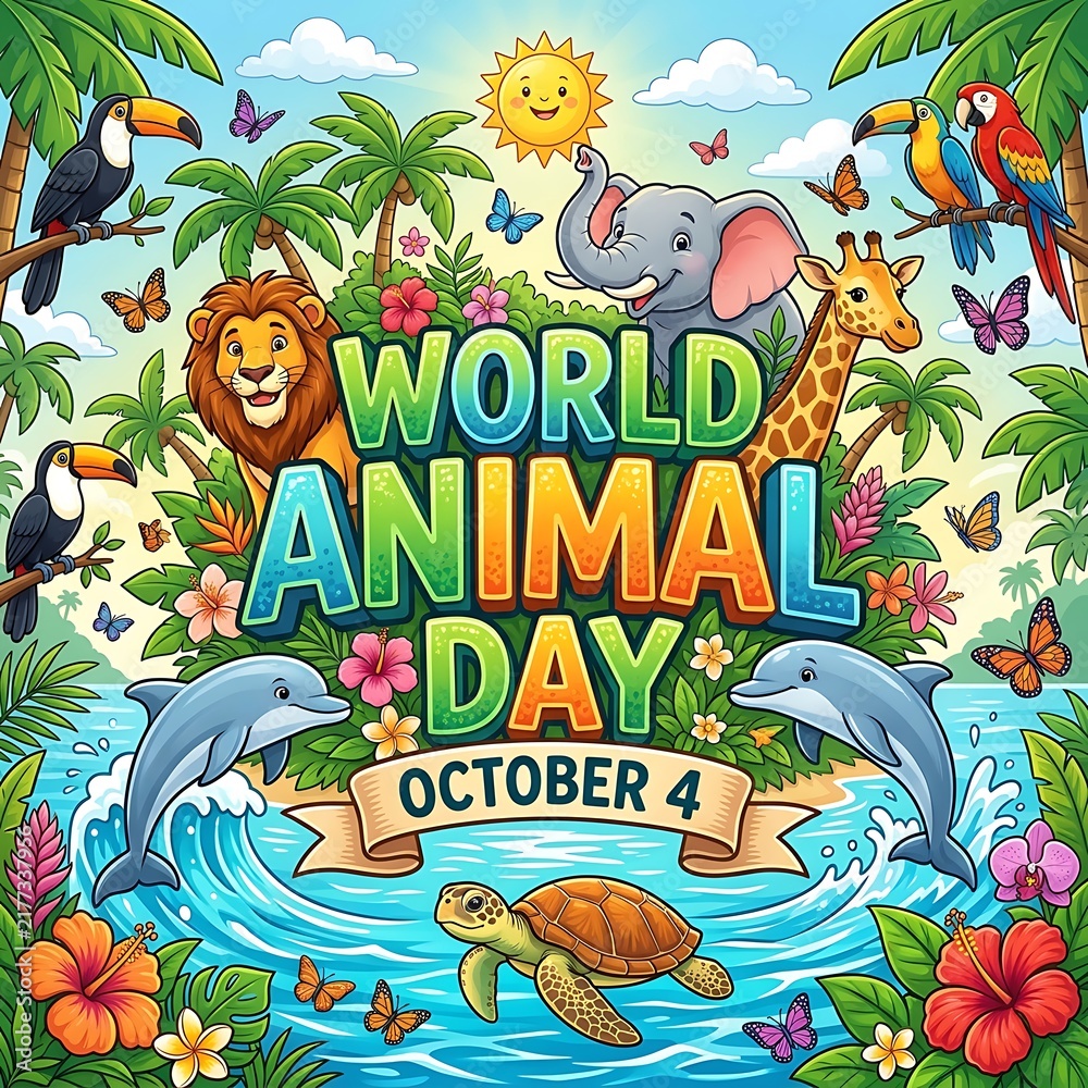 Obraz premium World animal day celebration poster with cute cartoon animals, tropical jungle, dolphins, and sea turtle, vibrant colorful illustration for october 4th event