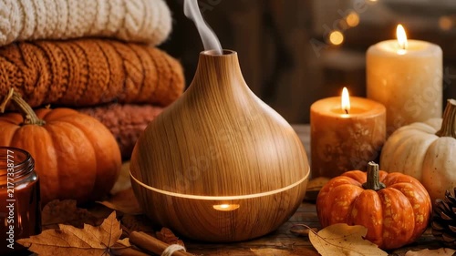 Autumn wellness scene with a wooden essential oil diffuser steaming among lit candles, small pumpkins, knit blankets and rustic seasonal decor.