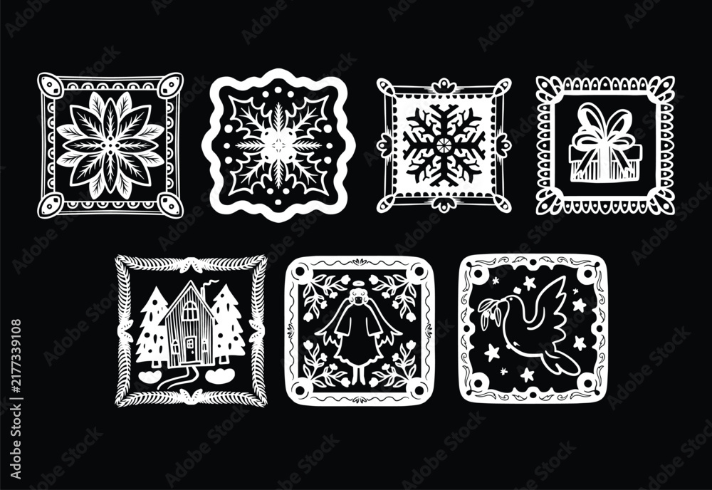 Fototapeta premium Christmas Isolated Folk Tiles with Dove Angel Poinsettia Snowflake House Gift Holiday Frames