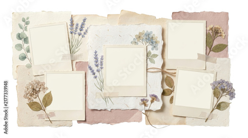 Vintage photo collage with dried flowers and botanical elements, creating a nostalgic and romantic scrapbook layout for memories.