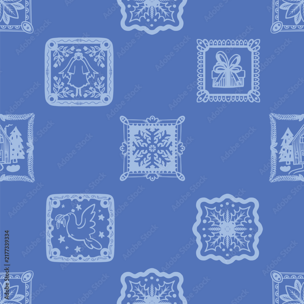 Fototapeta premium Christmas Seamless Folk Tile Pattern with Decorative Frames Dove Angel Snowflake Gift Motifs