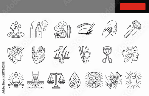 Cosmetics and beauty care line icon set featuring perfume, makeup brush, face mask and hair elements for wellness salon branding