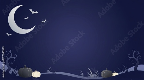 Eerie dark blue Halloween night illustration with crescent moon, flying bats, and spooky pumpkins on a wavy landscape
