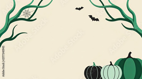 Elegant Halloween background with green and black pumpkins, flying bats, and a tree branch border for festive autumn designs