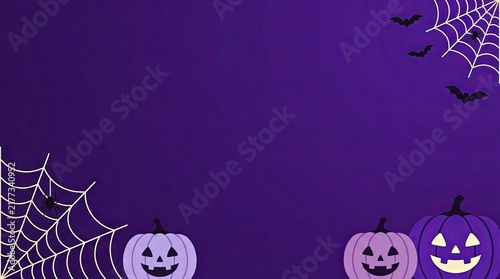 Spooky purple Halloween background illustration with carved pumpkins, spiderwebs, and flying bats, perfect for festive holiday designs