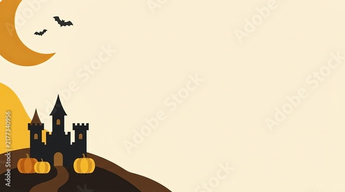 Minimalist Halloween night illustration featuring a spooky castle, flying bats, a crescent moon, and pumpkins on a dark hill with ample copy space